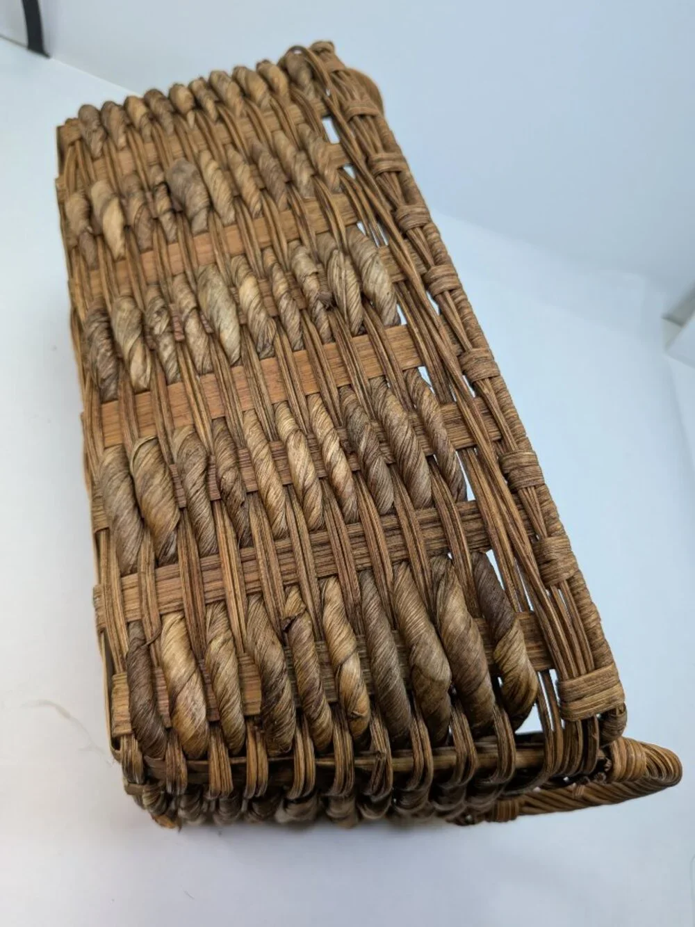 Vintage Natural Wicker Baskets Set of 2 Braided Rim & Chunky Rope Weave Baskets